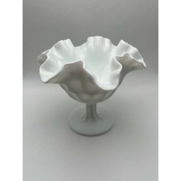 Fenton Olde Virginia Milk Glass Thumbprint Ruffled Compote - Picture 3 of 8